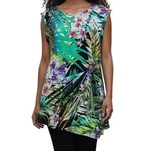 🆕 JOSEPH RIBKOFF Tropical Floral Side Gathered Tunic Top Gold Hardware EUC 6